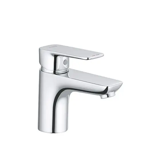 EHM Waschtischarmatur in Chrom von Kludi mit flachem Hebel und rundem Wasserabgang. Entworfen für Montage auf einem Waschbecken.